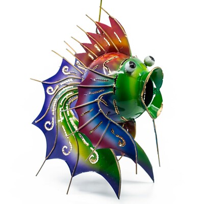 Handcrafted Fancy Fish Lantern Figurine 10'' High Tin Metal Animal Sculpture