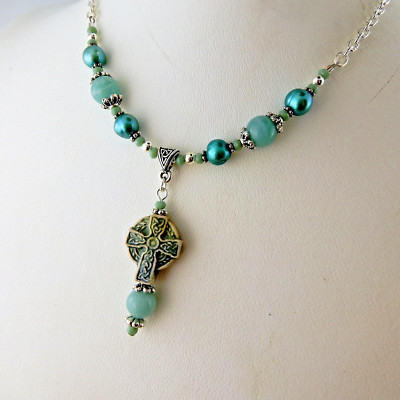 Raku Celtic Cross beaded necklace with Amazonite and pearl beads | eBay