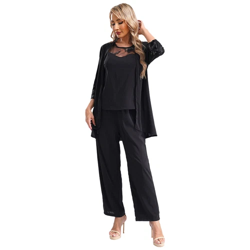 Womens 3 Piece Chiffon Pant Suits Tank Top Cardigan and Pants Evening Outfits - Picture 51 of 95
