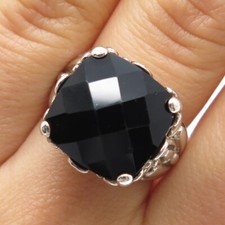 925 Sterling Silver Vintage Real Black Onyx Floral Ring Size 8