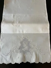 ANTIQUE  LINENS - C.1900, FINE  FIGURAL APPENZELL TEA TOWEL WITH FLORAL GARLANDS