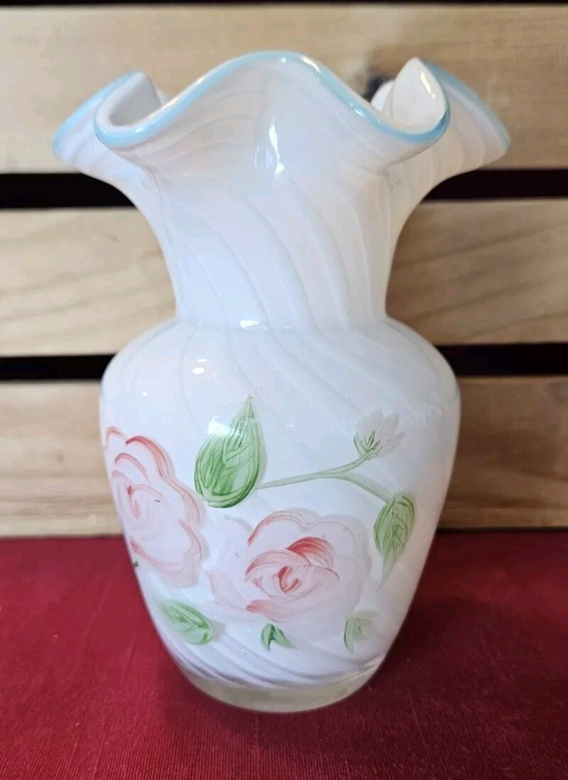 Fenton For Teleflora Ruffle Top Hand Painted Floral Rose Hand Blown Vase