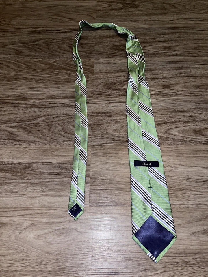 IZOD Tie Mens One Size Green Striped 100% Silk Necktie Classic Formal Business - Image 2 of 4