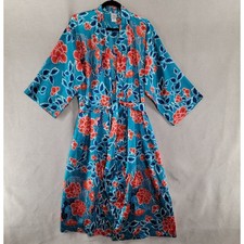 Natori Womens Robe Satin Kimono Kaftan Belted Housecoat Size Medium Blue Floral