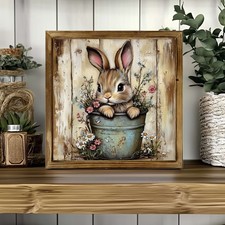 Easter Bunny In Floral Bucket Wooden Plaque Rustic Spring Holiday Wall Decor