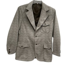 Vintage Brown Herringbone Blazer Mens 38R Polyester Tweed Sport Coat Jacket sz