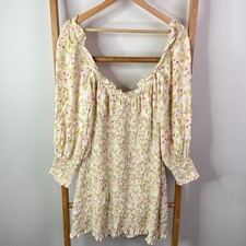 Faithfull The Brand Mini Dress Womens 14 Yellow Floral Smocked Off The Shoulder