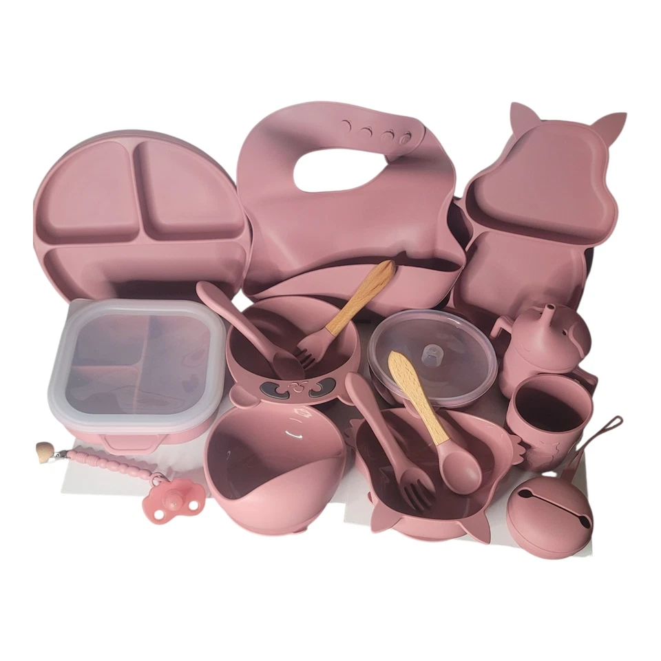 15 un./Juego de alimentación de bebé de silicio Plato Cuchara Tenedores Taza para sorber Babero Chupete Foto 2 de 4