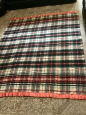 Vintage MCM Wool Plaid Blanket red Satin Trim 1950s..70 By 85