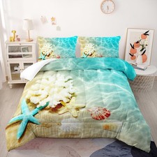 Ocean Theme Comforter Set - Twin Size, Kids Bedding with Starfish and Scallop...