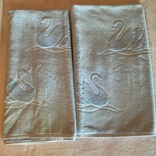 Vintage CANNON Embossed Swan Blue Bath Towels Made in USA Cotton Blend Pair (2)