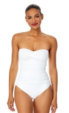 Anne Cole X7125 Twist-Front Bandeau Ruched One-Piece Swimsuit, White, 6