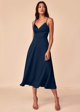 Azazie NWT Dottie Stretch Satin A-Line Dress Dark Navy Size 0 Tea Length