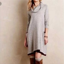 Anthropologie Sparrow Size S Grey Red Cowl Neck Sweater Dress Wool Cashmere EUC 