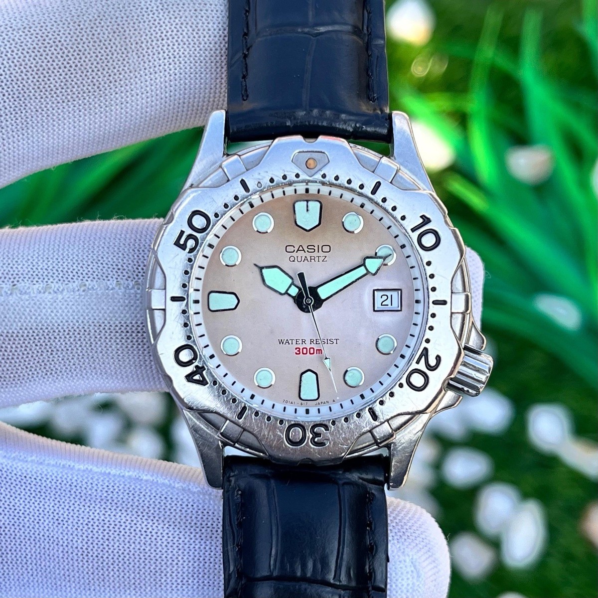 Vintage Casio Salmon Dial 300M Diver Japan Made Swiss Quartz Movt