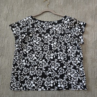 Rafaella 3x Womens Top Blouse Black White Floral Cap Sleeves Cool 100% Cotton