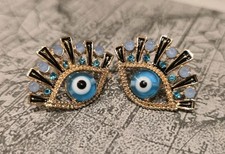 Pair Evil Eye motif Blue crystal Stone stud earrings Gold Tone Frame Bohemian D