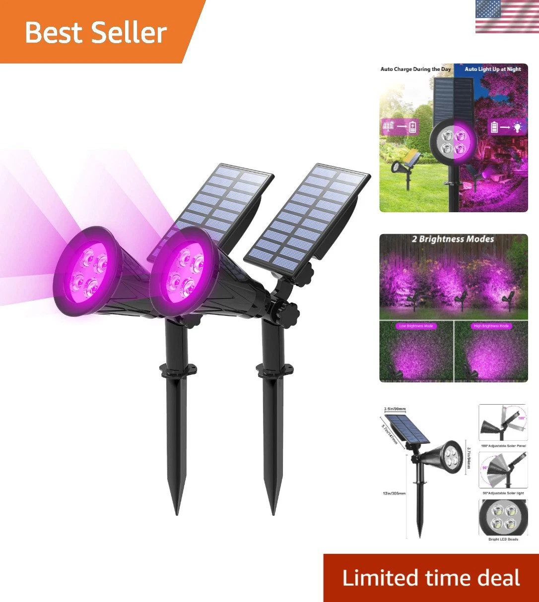 Purple Waterproof Solar Spotlights - 2 Pack Adjustable LED Landscape Lights