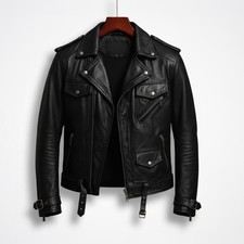 Men's Leather Black Biker Jacket Motorcycle Rider Zip Up Moto Coat Classic Style