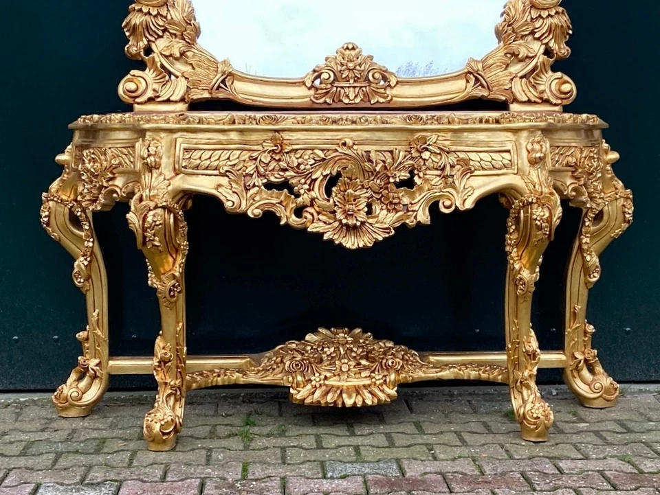 Console Table With Mirror Baroque Rococo Gilded Italian Pink Marble Set - Image 2 of 4