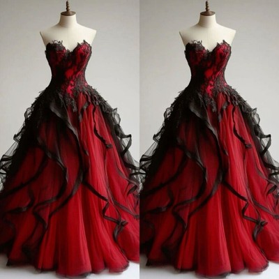 Gothic Wedding Dress Sleeveless Pleated Lace Applique Bridal Gown Black and Red