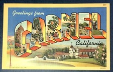 Postal Saludos desde Carmel California Big Letters Mission Tower Beach 1942