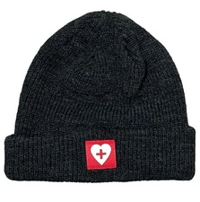Yupoong Beanie Hat YP Classics Cap Red White Heart Cross Patch Cuffed Grey Knit
