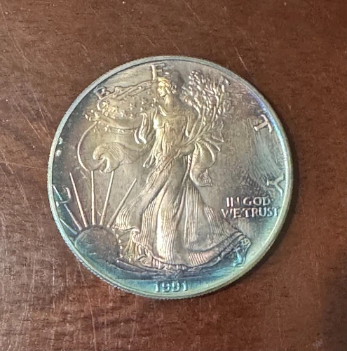 1991 Uncirculated American Silver Eagle - Beautiful Rainbow Turquoise Toning
