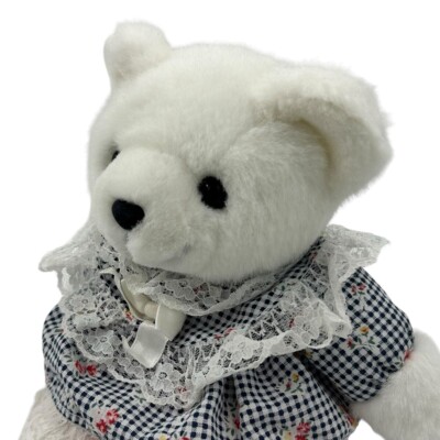 White Teddy Bear Vintage Stuffed Plush in Floral Plaid Dress Forest Woodland