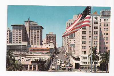 Vintage Postcard Flagler Street From Biscayne Blvd Miami Florida American Flag