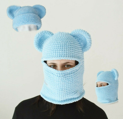 Light blue bear balaclava ski mask men women Crochet velvet beanie hat with ears