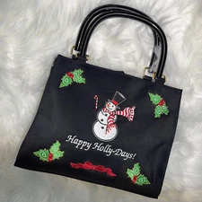Kim Rogers Christmas Purse Black Embroidery Snowman Happy Holly Days Hand Bag