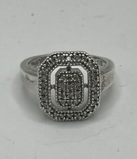 Natural Round CZ Rectangular Halo Sterling Silver Ring Size 7