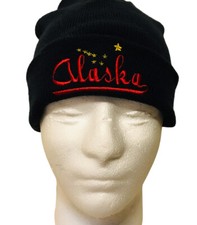 Black Embroidered Alaska Skull Beanie Cap