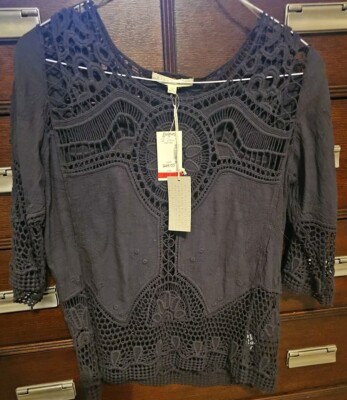 HINT OF MINT PULLOVER TOP SZ M DARK GRAY CROCHET TRIM Boho L/S Retro-NWT RET $48
