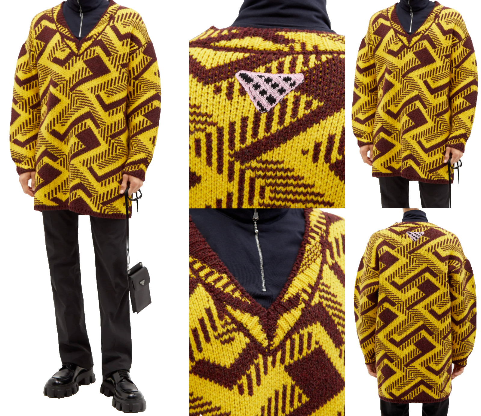 Prada Pullover Oversized Geometric V-Neck Knit Sweater Shetland Jumper M