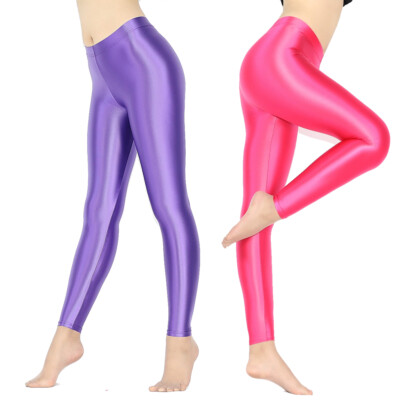 Damen Sexy Leggings Shiny Yoga Fitness Jeggings Satin Stretch Bodybuilding Sport