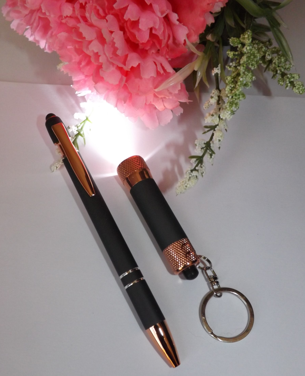 Ballpoint Stylus Pen Mini LED Flashlight Keyring Black Rose Gold /Gift  Box