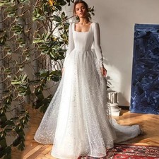 Boho Wedding Dresses Long Sleeves Square Neck Lace A-line Bridal Gowns Train