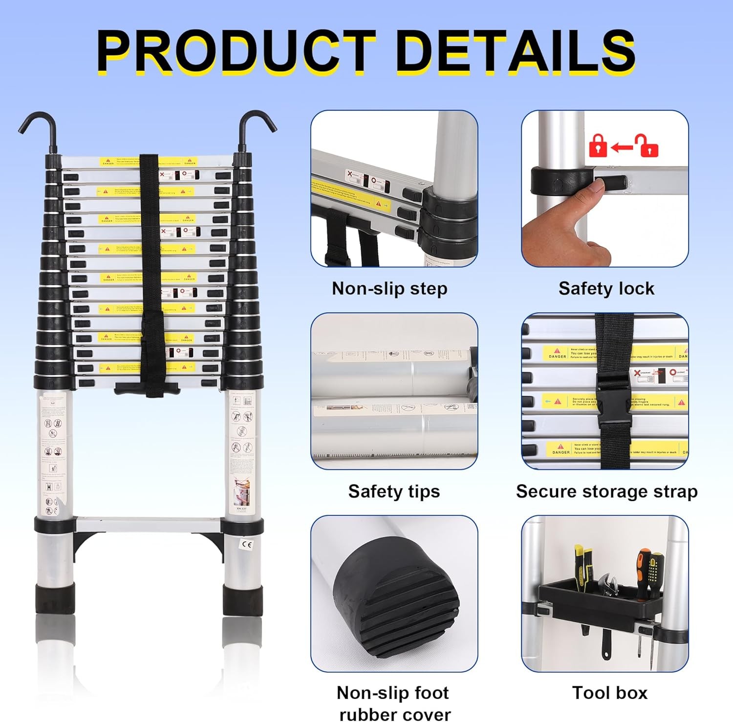 16.5 FT Telescoping Ladder, Lightweight 16.5FT with Tool Box, Silver 