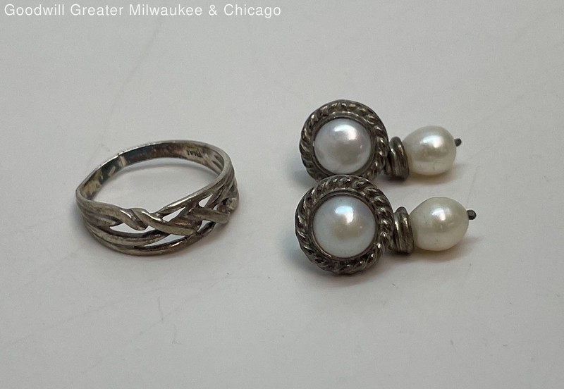 Artisan 925 Pearl Post Back Drop Earrings & Ring 7.6g