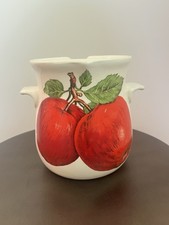Vintage Ceramic Apple Pattern Jug, White, Glossy, Strainer Lid, 5in, Fruit Theme