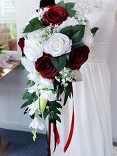 Wedding Bridal Bouquet, Bride Artificial Rose Flowers with Ribbons, Bridesmai...