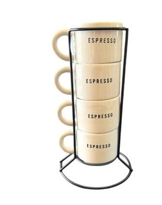 Espresso Ceramic Set 5 Pieces Stackable Mugs with Wire Holder