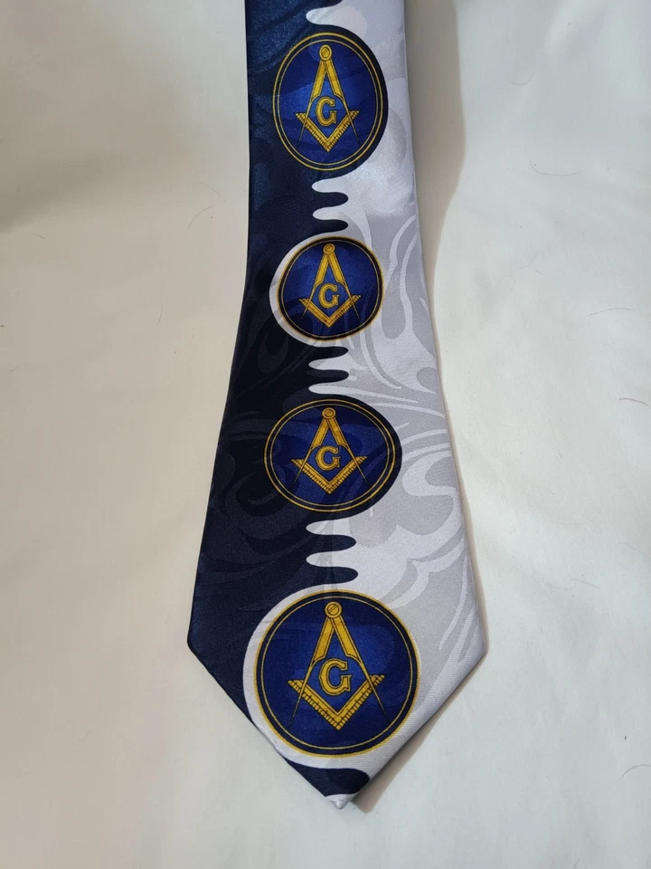 Freemason Masonic "G" Necktie by Steven Harris. Navy, White, Gray, Gold, Yellow - Image 2 of 4