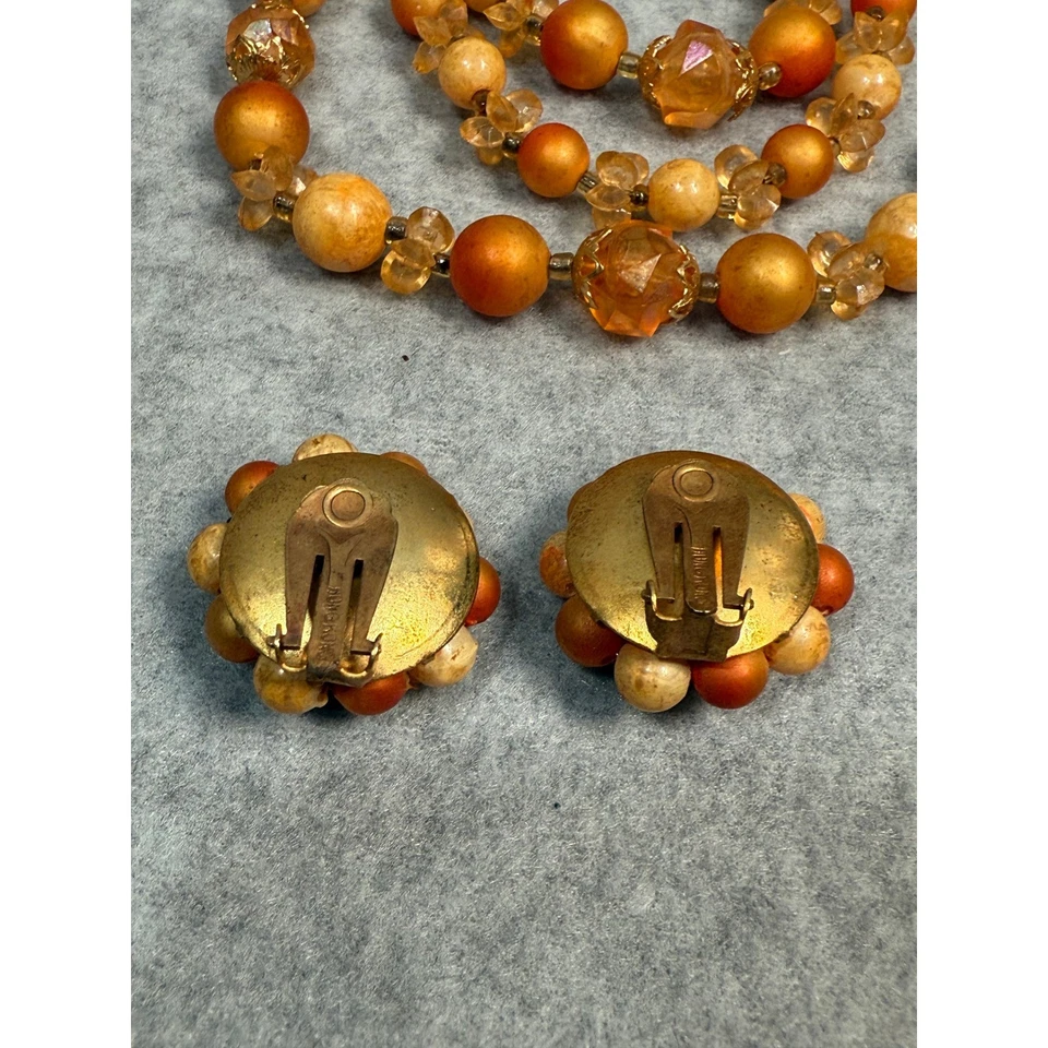 Juego de pendientes de clip de collar con cuentas naranja vintage de Hong Kong oro ámbar Foto 4 de 4