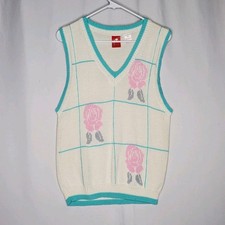Avant Garde Vtg Sweater Vest Women Small White V-Neck Pink Rose Plaid Knit