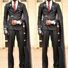 Prom Men's Suit with Cape Black Jacket Blazer Wedding Outfits Banquet 2Pcs