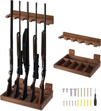 1 Set Wooden Vertical Gun Rack Wall Mount Indoor Hold up to 5 Long Guns Brown