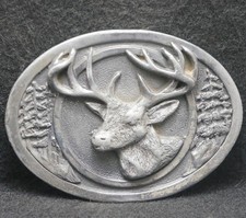 XB21119 VINTAGE 1987 BUCK DEER WILDLIFE ANIMAL ARTWORK MENS PEWTER BELT BUCKLE